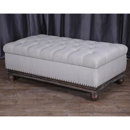 Traditional Button-Tufted Storage Ottoman with Exposed Wood and Nailhead Trim